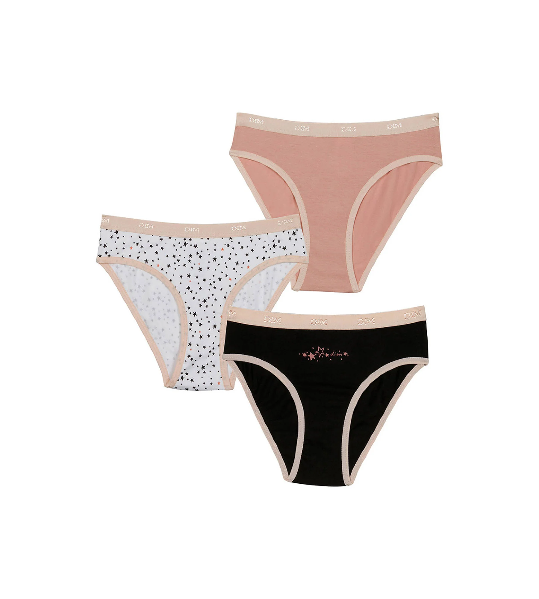 Pack de 3 bragas tipo slip de niña en algodón stretch con estampado de estrellas Negro Rosa Les Pockets