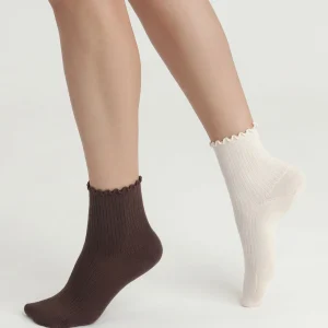 Pack de 2 pares de calcetines beige de mujer con volante de Modal