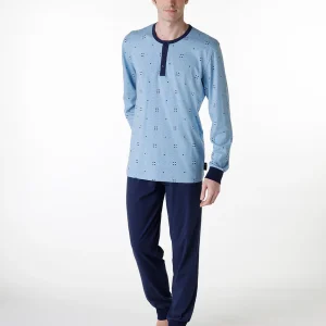 Pijama largo tipo serafino en jersey azul jaspeado para hombre