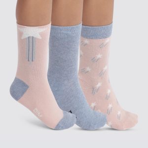 Pack de 3 pares de calcetines altos infantiles con estrellas Rosa y Denim Coton Style