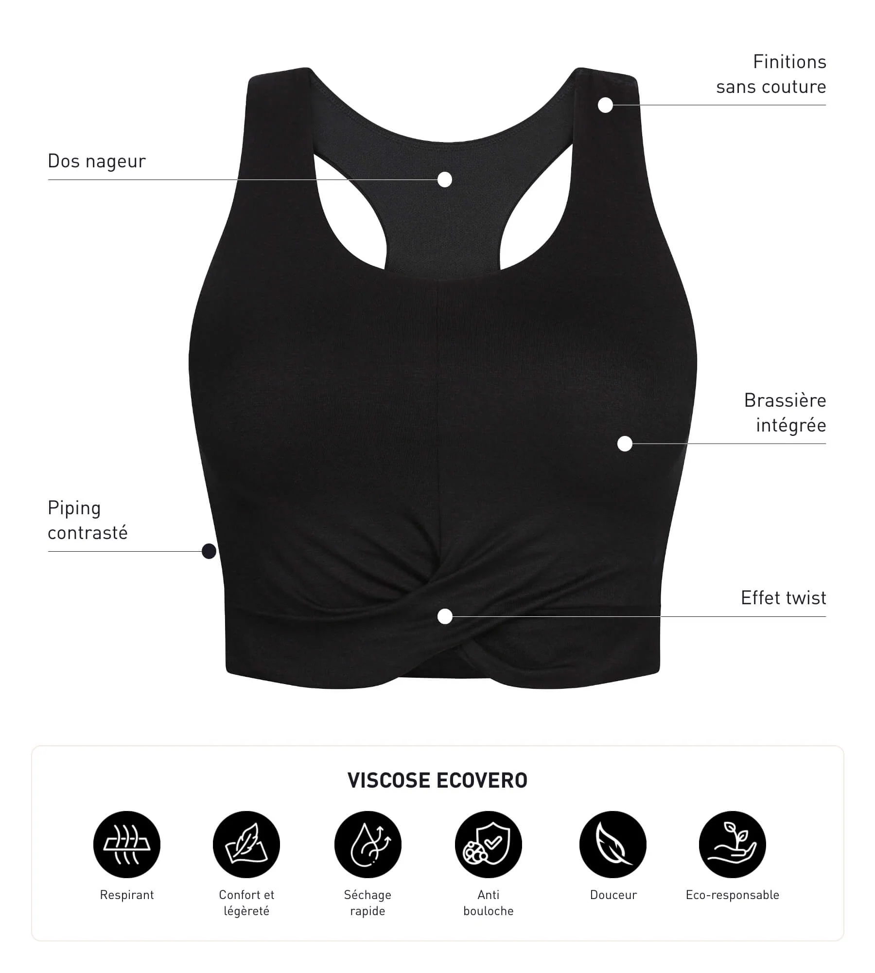 Crop top de mujer en viscosa negra con bralette Dim Move - Imagen 5