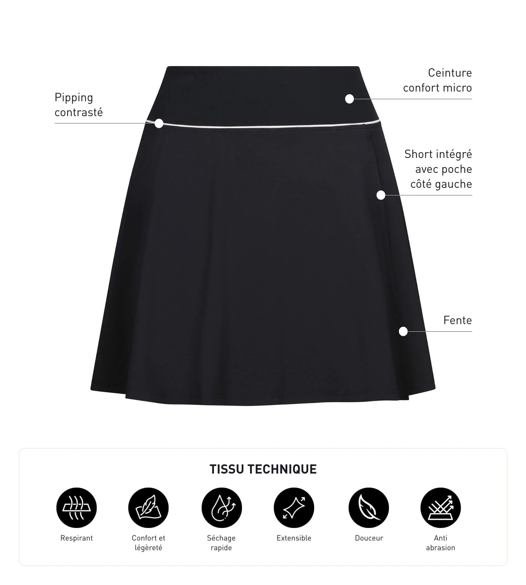 Falda corta deportiva de mujer en microfibra negra Dim Move - Imagen 5