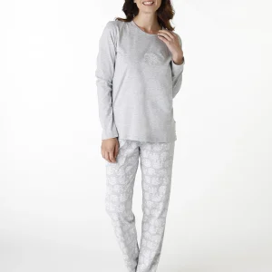 Pijama largo de cuello redondo en jersey gris jaspeado para mujer