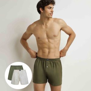 Pack de 2 calzoncillos bóxer para hombre de algodón elástico verde a rayas beige
