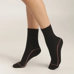 Calcetines de mujer de algodón negro acanalado con ribete de color Dim Fashion