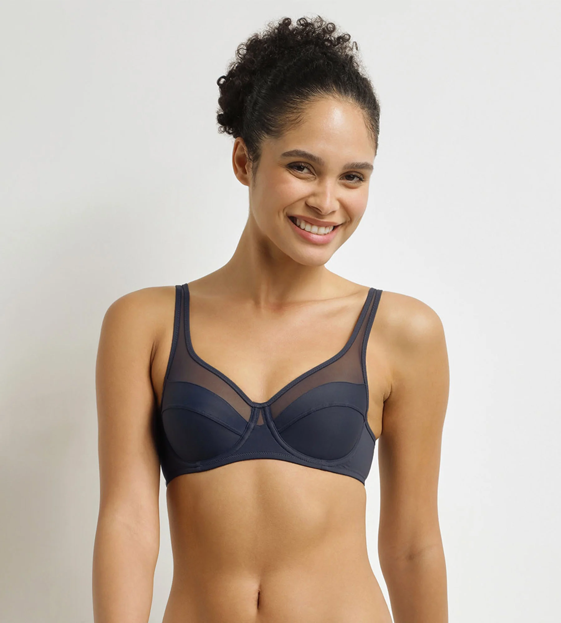 Sujetador con aros en microfibra y tul gris azul Generous