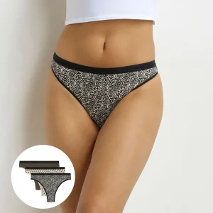 Pack de 3 tangas de mujer con estampado étnico caqui negro Les bolsillos
